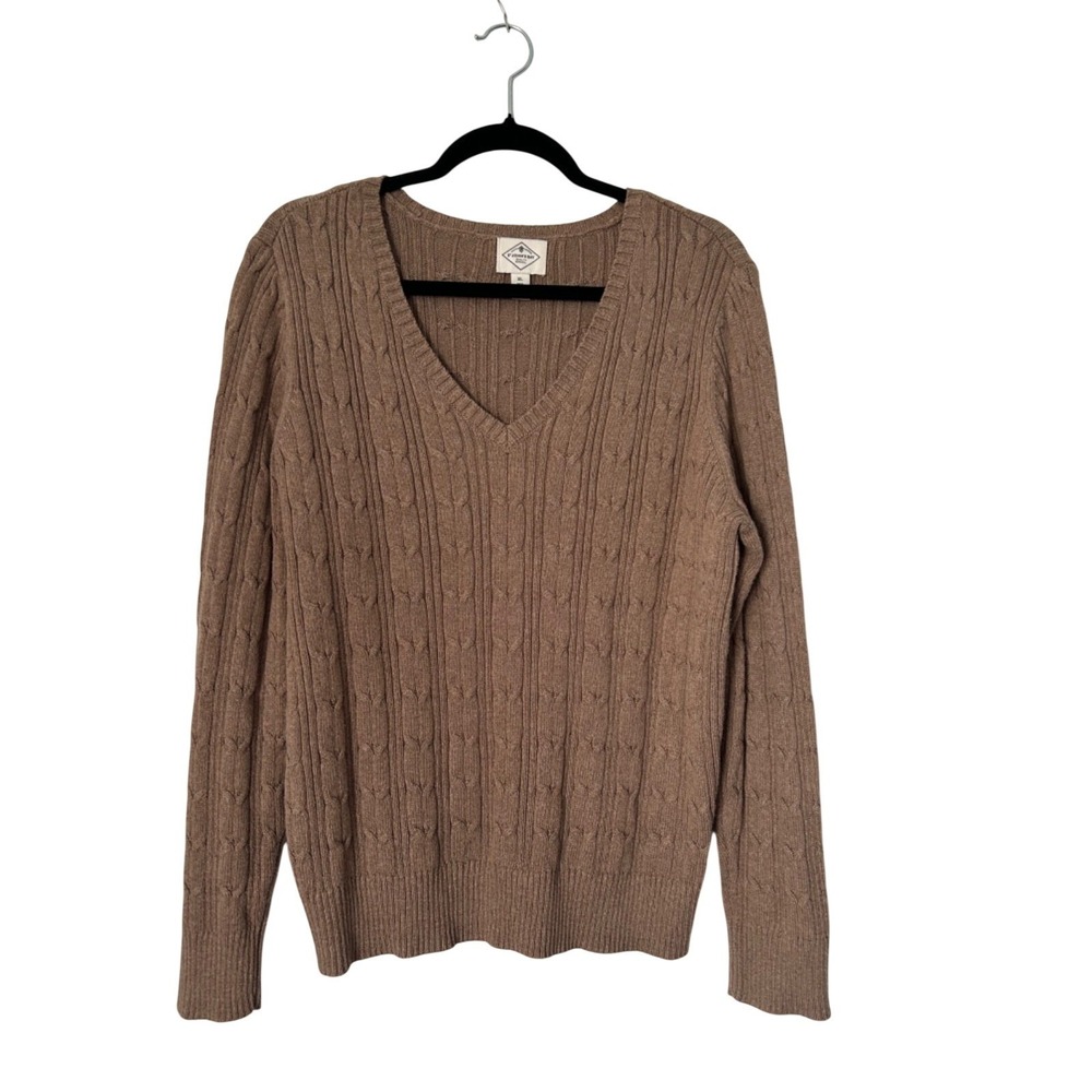 St Johns Bay Sweater Size XL Brown Cable Knit V-Neck Ribbed Chunky Pullover